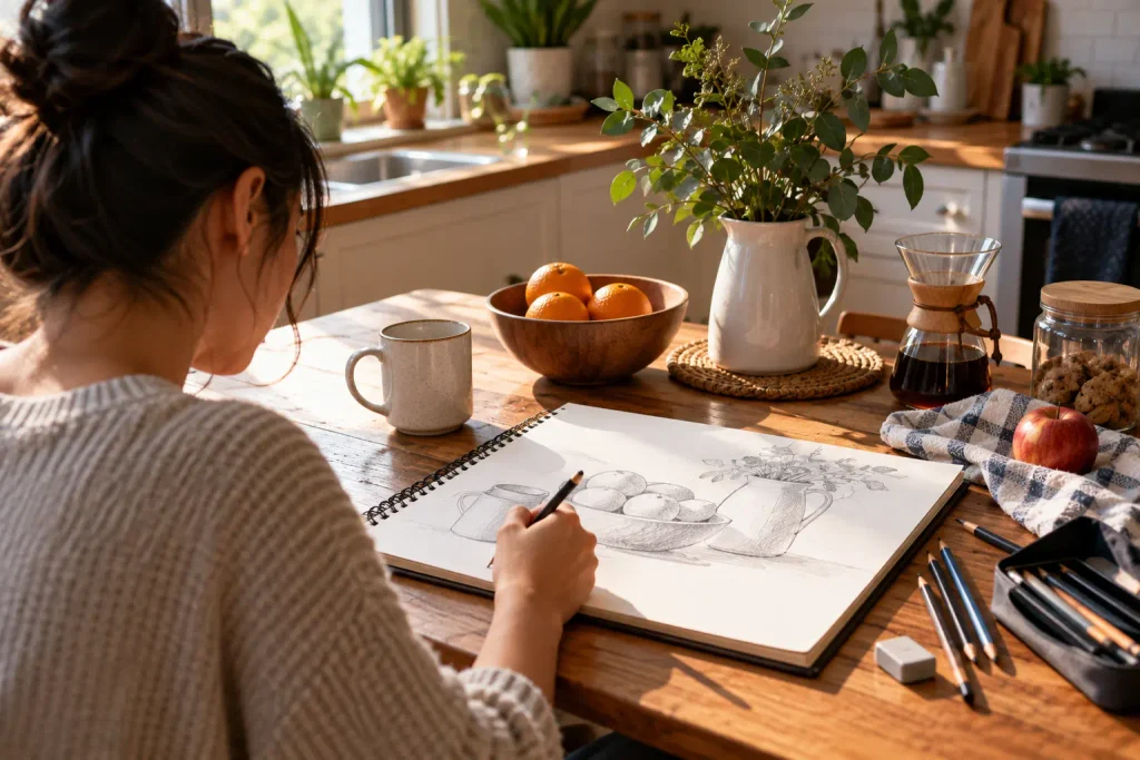 Sketching subjects on Kitchen table