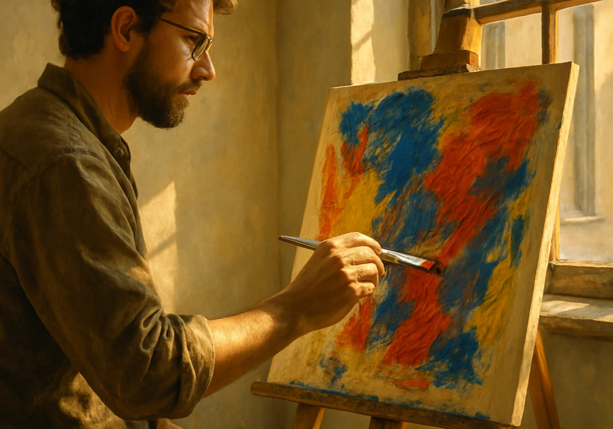 Painter standing at an easel in a corner studio space