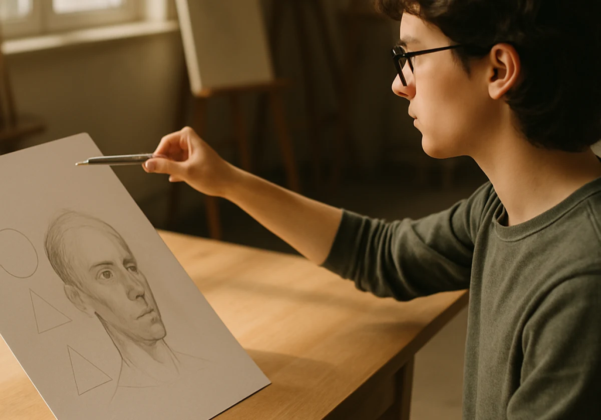 Student artist at a wooden drawing table in a sunlit studio